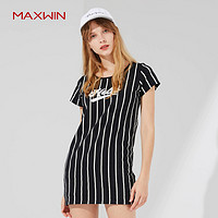 MAXWIN女T恤长款夏新款圆领字母T恤女打底短袖时尚条纹t恤女