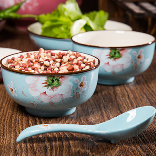 厨美陶瓷餐具套装 （15头）日韩式色釉创意碗碟盘勺套装 繁花似锦