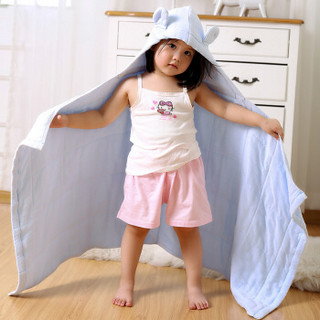 隽优（Covator）婴儿浴巾 素色六层纱布纯棉宝宝儿童可爱带帽浴巾 A类婴幼儿用 13688BT02粉蓝 65*130cm