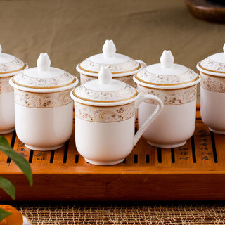 乐享 茶杯陶瓷盖杯6只装景德镇办公会议泡茶水杯子马克杯珠联璧合