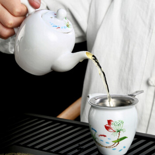 金镶玉 功夫茶具套装 实木茶盘陶瓷茶壶茶杯电热炉整套 福字采莲白瓷