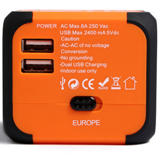 四万公里 全球通用转换插头双USB出国旅行国际多国万能插座港版日本欧美英德标多功能电源转换器 SW6008 橙色