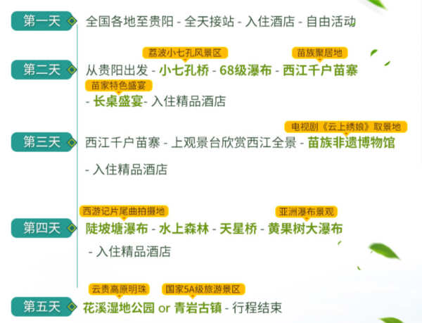 贵州5天4晚跟团游(黄果树瀑布+西江千户苗寨+荔波+小七孔+花溪湿地+贵阳)