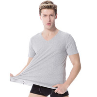 莫代尔 背心男士V领短袖无痕随心裁弹力修身透气莫代尔T恤打底衫麻灰XL (灰色、XL、粘纤)