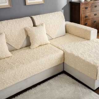 青苇 欧式沙发套 全棉水洗沙发巾坐垫 绗缝刺绣盖布 花语米黄90X180cm  1片装