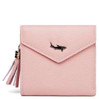 VISHARK 鲨鱼 女士牛皮短款钱包时尚优雅流苏钱夹多卡位三折皮夹DS60250625 粉红色
