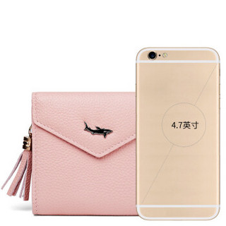 VISHARK 鲨鱼 女士牛皮短款钱包时尚优雅流苏钱夹多卡位三折皮夹DS60250625 粉红色