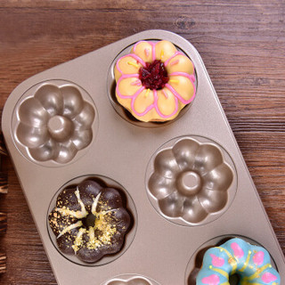 杰凯诺（Jekero）烘焙工具金色不粘蛋糕模具 花型甜甜圈模具 烘培六连模