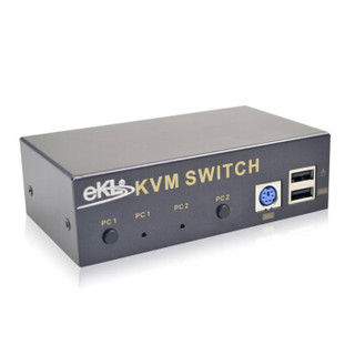 eKL KVM切换器2口 VGA多电脑2进1出USB自动 无线键鼠显示器切换共享器配线21U