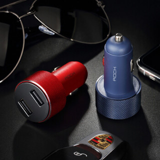 洛克（ROCK）车载充电器 车充点烟器5V/3.4A双USB一拖二电压检测LED智能数显思达-蓝色