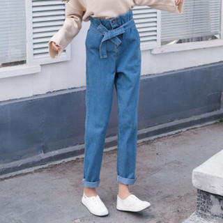 LAXJOY 朗悦 新款高腰系带牛仔裤韩版宽松直筒长裤 LWKN181503