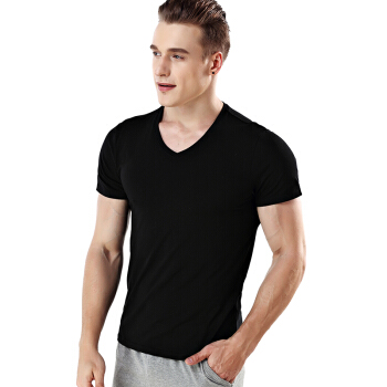 莫代尔 背心男式V领短袖T恤弹力修身莫代尔棉男士内衣打底衫黑色XL (黑色、XL、其他)