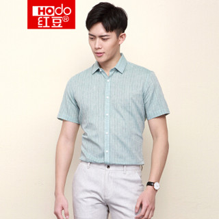 Hodo 红豆 时尚休闲条纹棉麻方领男士短袖衬衫  HWS6C8371