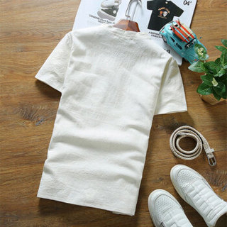北极绒（Bejirong）亚麻T恤 2019夏季新款体恤半袖中国风透气棉麻t恤短袖男 T202 白色 XL