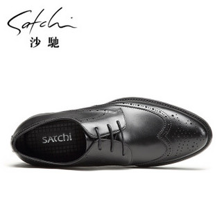 SATCHI 沙驰 新款潮流男士皮鞋低帮鞋子复古布洛克商务休闲鞋 40722001Z  黑色 39