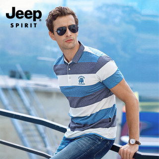 吉普男装JEEP SPIRIT 短袖t恤男 翻领polo衫商务休闲条纹半袖  CXH70 蓝色 XL