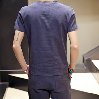 俞兆林（YUZHAOLIN）T恤套装 男士时尚潮流棉麻纯色V领短袖套装A082-A24灰蓝3XL