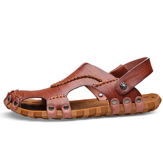 CARTELO 卡帝乐鳄鱼 罗马时尚镂空透气户外包头沙滩凉鞋男 1806 棕色 43