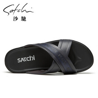 SATCHI 沙驰 牛皮舒适露趾沙滩男拖鞋  73843001Z 黑色 40