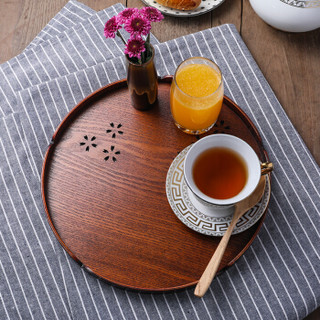 唐宗筷 日式木质托盘 餐盘 茶托 水杯托盘 点心干果盘 圆形镂空 30cm（棕色）C6646