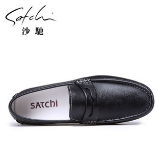 SATCHI 沙驰 牛皮舒适套脚豆豆驾车休闲男鞋  80542409Z 黑色 43