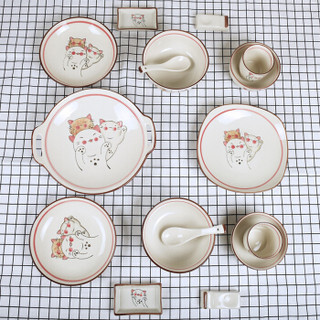 丰竹（bamboo)碗碟套装陶瓷餐具套装式可爱萌萌猫碗筷套装16头盘子碗具手工绘制家用萌猫日式微波炉适用
