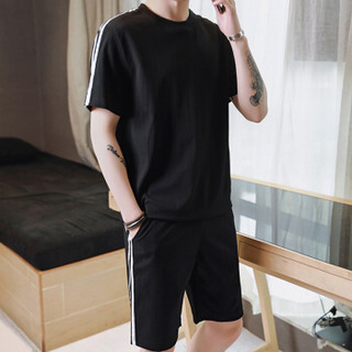 富铤（FORTEI ）短袖T恤男士短裤套装新款简约休闲修身男装 D82黑色 3XL
