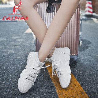 L＇ALPINA 袋鼠女鞋 休闲鞋女学生韩版透气网鞋飞织字母旅游慢跑步运动舒适松糕厚底高帮袜子鞋8622 白色37