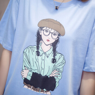 宽松显瘦大码胖mm学院风印花圆领中长款t恤半袖上衣女 zlnf1234 蓝色