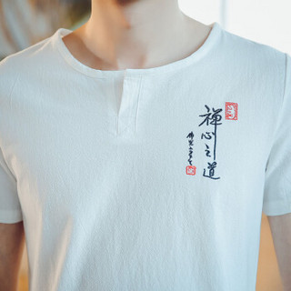 北极绒（Bejirong）短袖T恤男 2019年夏季新款男士日系亚麻短袖薄T恤男圆领T恤 A082-T109 白色 L