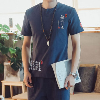 北极绒（Bejirong）短袖T恤男 2019年夏季新款男士日系亚麻短袖薄T恤男圆领T恤 A082-T109 灰蓝色 M
