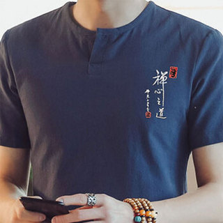北极绒（Bejirong）短袖T恤男 2019年夏季新款男士日系亚麻短袖薄T恤男圆领T恤 A082-T109 灰蓝色 M