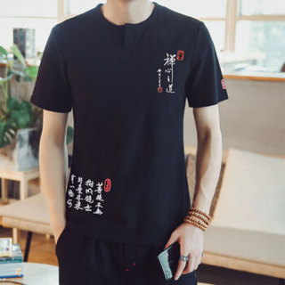 北极绒（Bejirong）短袖T恤男 2019年夏季新款男士日系亚麻短袖薄T恤男圆领T恤 A082-T109 黑色 3XL