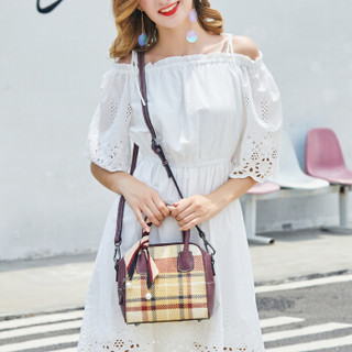 DOODOO 女包韩版潮时尚ck风格纹手提包百搭单肩斜挎包 D8660酒红