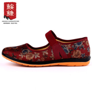 ANKANG 鮟鱇 妈妈老年人奶奶婆婆北京布鞋子硫化软底一字带AK69005 红色 37