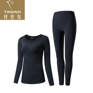 TINSINO 纤丝鸟 德绒保暖内衣女中厚磨绒花边领透气厚秋衣秋裤护膝套装暖焱倍暖系列 深麻黑XXL(175/105)