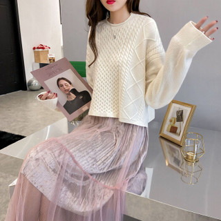 朗悦女装 2019春季新款韩版宽松毛衣女学生套头针织衫不规则上衣 LWYC188525 白色 均码