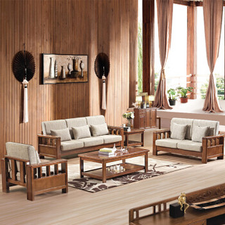 ZHONGWEI 中伟 实木沙发组合转角带中柜布艺沙发现代简约新中式沙发1+2+3+茶几+方几/胡桃色YPL