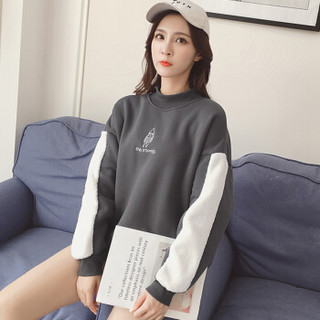 LAXJOY 朗悦 新款韩版加绒加厚卫衣女学生拼接撞色T恤套头上衣 LWWY188503