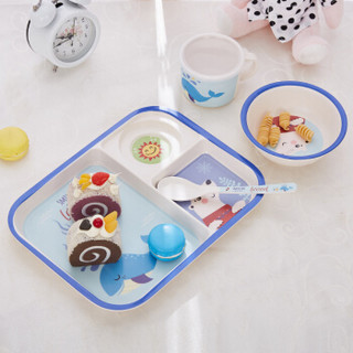 希尔（SHALL）儿童餐盘 密胺儿童碗牛奶杯套装可爱便携组合辅食餐具 鲸鱼四件套6609