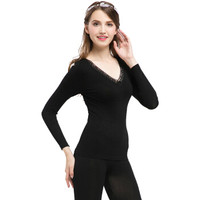 Plandoo 帕兰朵 美体内衣女V领蕾丝边薄款隐形打底秋衣秋裤套装 黑色女款 均码