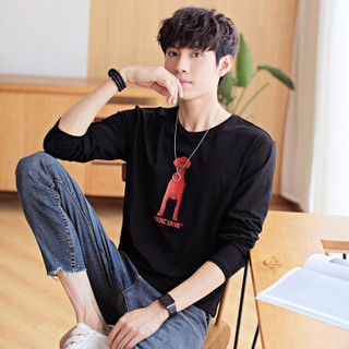 北极绒（Bejirong）男士长袖T恤 2019新款体恤韩版青少年潮上衣学生打底衫t恤 A104-8913 黑色 L