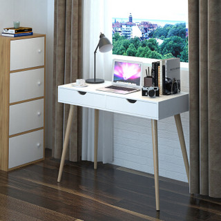 木以成居 电脑桌台式家用 北欧简约实木腿书桌办公桌带抽屉 仿实木白色LY-4128