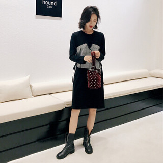 俞兆林  2019新款韩版拼接系带收腰假两件打底连衣裙女YWLQ188266 黑白色 S