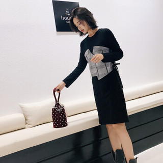俞兆林  2019新款韩版拼接系带收腰假两件打底连衣裙女YWLQ188266 黑白色 S