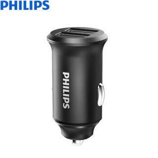 飞利浦（PHILIPS）迷你车载充电器4.8A智能快充 12V/24V车通用 车充头点烟器一拖二双USB  DLP3525N 黑色