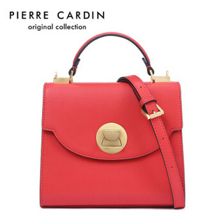 pierre cardin 皮尔·卡丹 牛皮女包复古小方包摩登单肩手提包锁扣手拎包潮 J7A223-120201C红色