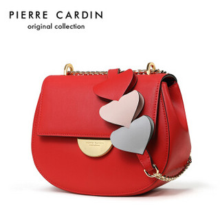 pierre cardin 皮尔·卡丹 牛皮女包爱心单肩包女迷你锁扣马鞍包包女 J7A219-130301C红色