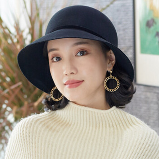 677888礼帽女秋冬天韩版潮流冬季时尚盆帽羊毛呢毡帽渔夫帽秋季英伦复古秋天 黑色 可调节