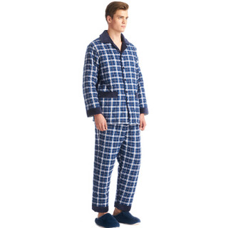三枪家居服男女秋冬新款加厚绒布起居睡衣翻领加棉情侣家居套装 男款蓝格63 L
